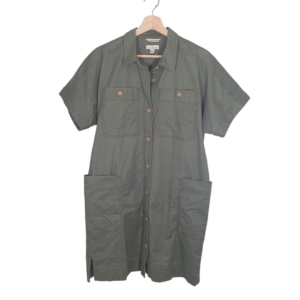 L.L.Bean Signature Utility Shirt Dress S Olive Green Safari Cargo Pocket Tencel
